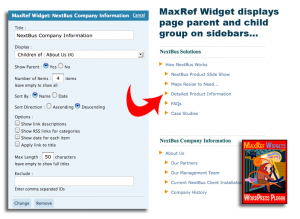 MaxRef Widgets displays page parent and child group on sidebars
